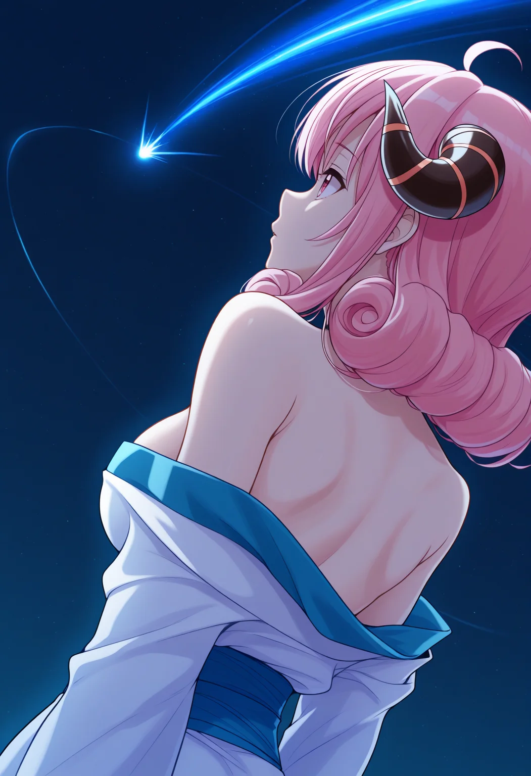 masterpiece, best quality, 1girl, solo, Ar1es, pink eyes, pink hair, medium hair, hair curls, horns, from behind, from side, looking up, looking to the side, negative space, white kimono, off shoulder, back, from below, dynamic angle, dutch angle, comet, light trail, blue theme, dark theme, night, high contrast, shining comet, glowing comet, <lora:ChamAriesNoob:1>