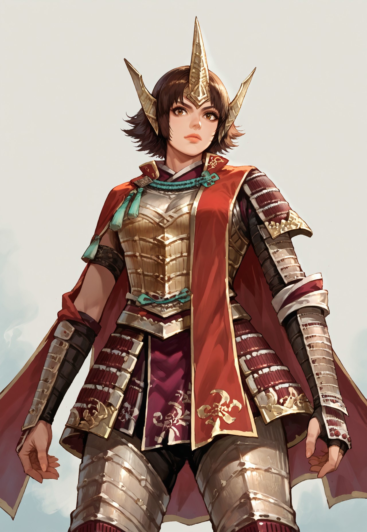 safe_pos, Score_9_up, source_8_up, score_7_up, source_realistic, from below, 1girl, solo, ginchiyoSW4, brown hair, short hair, breasts, headgear, japanese armor, jinbaori, gauntlets, greaves,