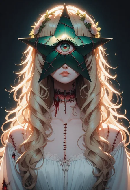 score_9, score_8_up, score_7_up, masterpiece, best quality, medium shot, beautiful mostrochan, blonde, long hair, blood-injected eye, body stitches, serious expression, dark setting, sppoky, backlit