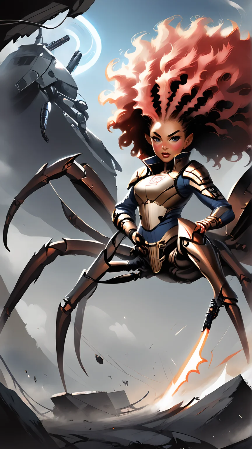 <lora:4r4chn1dPony:0.75>, score_9, score_8_up, score_7_up, score_6_up, fantasy 4r4chn1d, concept art, digital art, realistic, detailed face, solo, arachnid, creature desktop wallpaper, official_wallpaper, atmospheric, warrior, blushing, combat stance, holding a weapon, copper hair, Indian skin, Curly Afro, <lora:Smooth Anime 2 Style SDXL_LoRA_Pony Diffusion V6 XL:0.8>, in location intergalactic market, (Masterpiece:1.3) (best quality:1.2) (high quality:1.1)