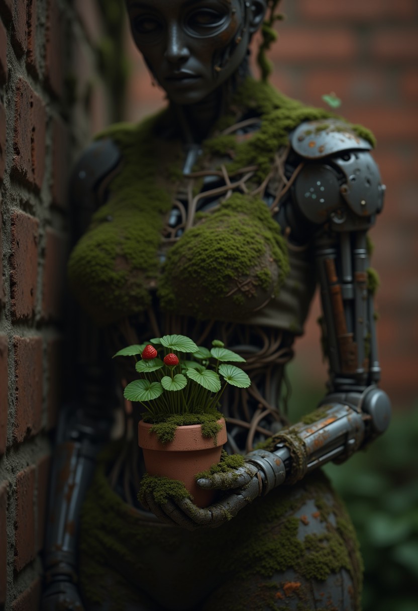 ajweathbo. A desolate, weathered robot stands against an old brick wall, its metal frame overtaken by creeping vines and moss. Rust and time have softened its once-gleaming surface, now textured with decay. In its hand, the robot delicately holds an aged terracotta flowerpot, where a single strawberry plant thrives, its green leaves vibrant against the muted tones of the scene. The composition is cinematic, with a vintage, photorealistic aesthetic—rich in fine details, from the cracks in the bricks to the tiny dewdrops on the moss. The lighting is soft and moody, evoking a sense of forgotten beauty and quiet melancholy.