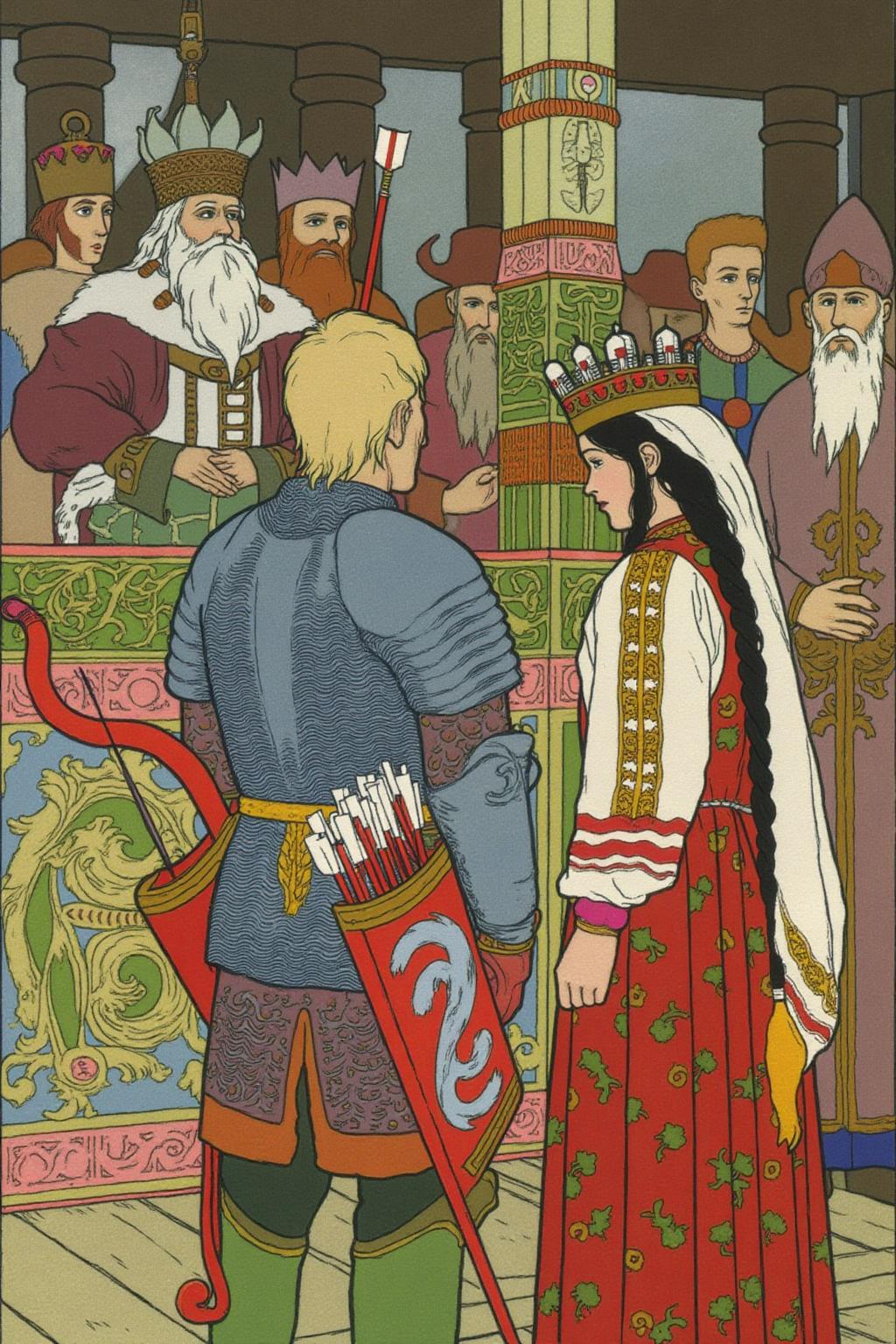 ivanbilibin1 illustration.
A blonde knight, carrying a bow and quiver full of arrows, stands on the left with his back to the viewer. He is dressed in medieval armor with a red and gold patterned surcoat over a blue tunic. 
A princess wearing a crown, shown in side profile view, stands beside him.
A Russian king and a bishop are in the background.
 <lora:ivanbilibin1_cap_d6a3:1.0><lora:835868737086420234:0>