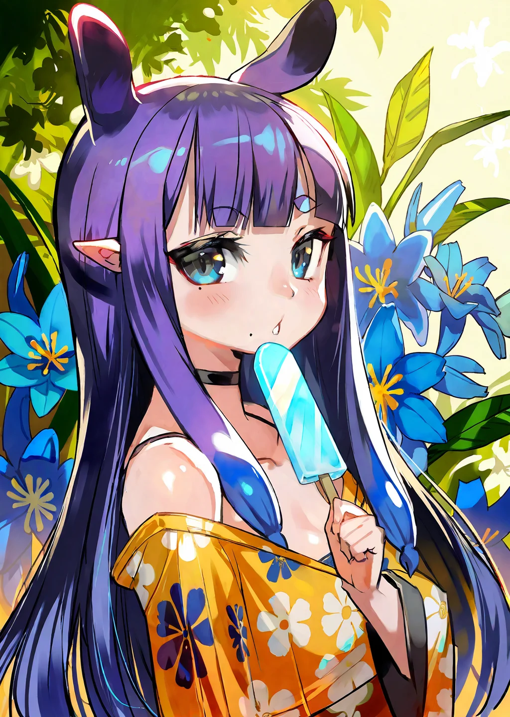 ninomae ina'nis, 1girl, virtual youtuber, popsicle, food, long hair, pointy ears, solo, sidelocks, mole under eye, bangs, purple hair, tentacle hair, multicolored hair, orange hair, gradient hair, blunt bangs, flower, mole, looking at viewer, blue flower, blue eyes, holding, very long hair, holding food, blush, eating, upper body, choker, animal ears
by lalalalack