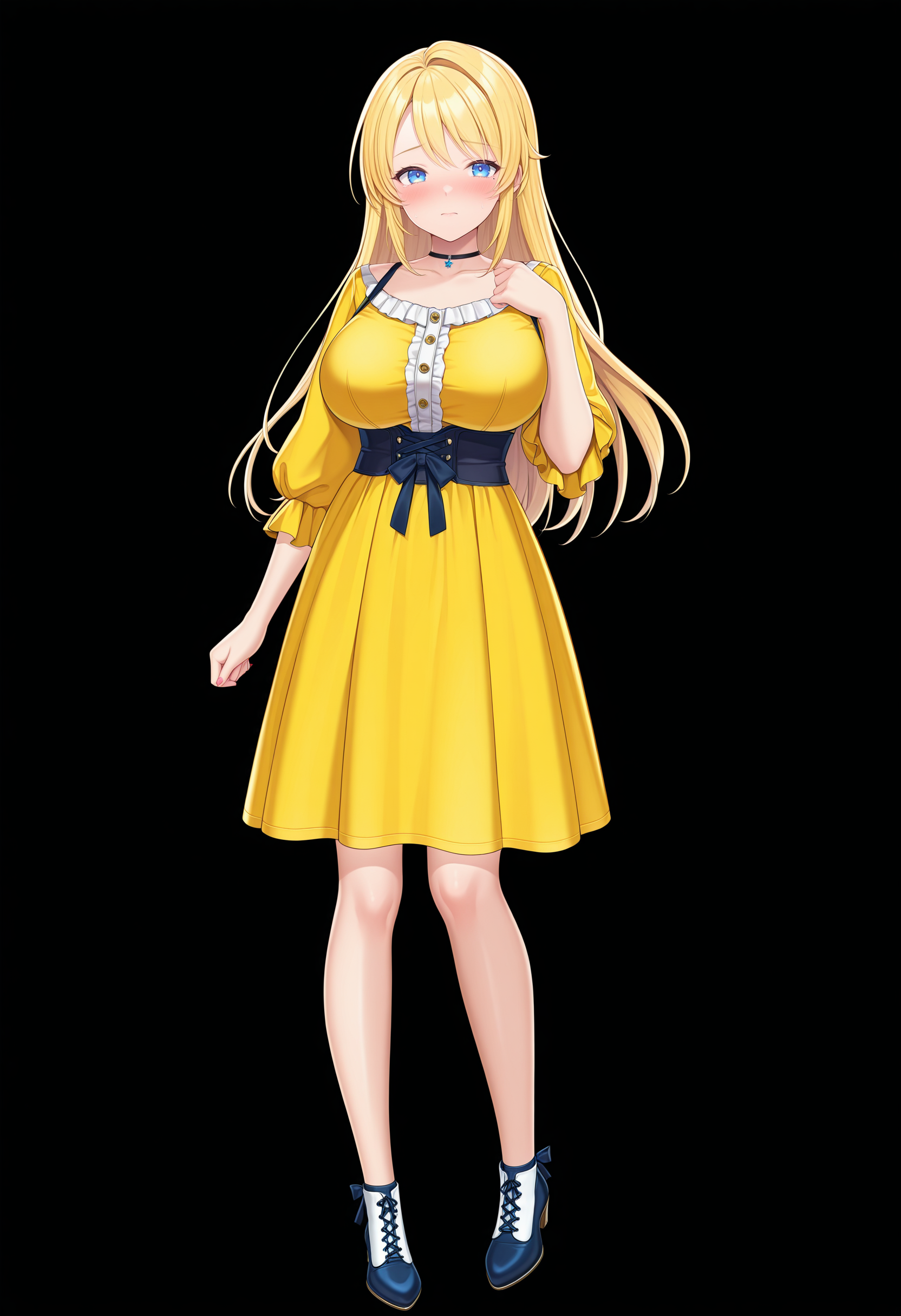 masterpiece, absurdres,amazing quality, best quality, extremely detailed, detailed background, <lora:character_cg:1>,1girl, large breasts, casual outfit, blonde hair, blue eyes ,character cg, full body cg, black background