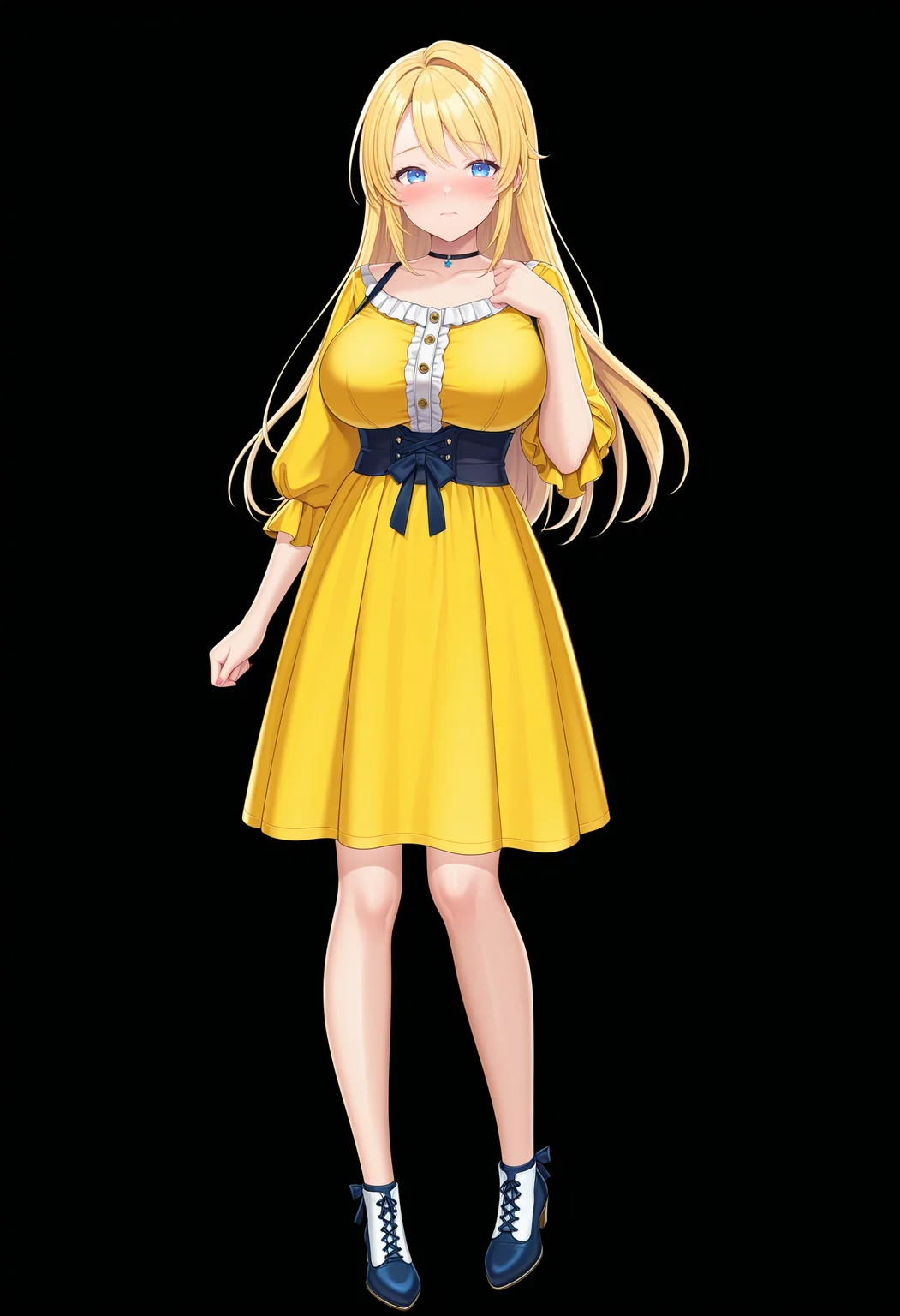 masterpiece, absurdres,amazing quality, best quality, extremely detailed, detailed background, <lora:character_cg:1>,1girl, large breasts, casual outfit, blonde hair, blue eyes ,character cg, full body cg, black background