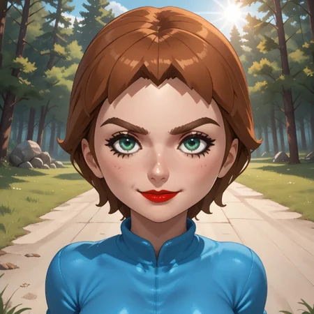 score_9, score_8, BREAK, solo, wii, mii, wii sports, 1girl, female mii, green eyes, auburn hair, brown eyebrows, red lips, lipstick, cyan clothing, white pants, shoes, nintendo mii, modern_mii, classic_mii, breasts, Anna_(Wii_Sports), sexy pose, self portrait, smile, outdoors, sunlight, shadows, evening lighting, natural lighting, forest, trees, grass, orange sky, sunset