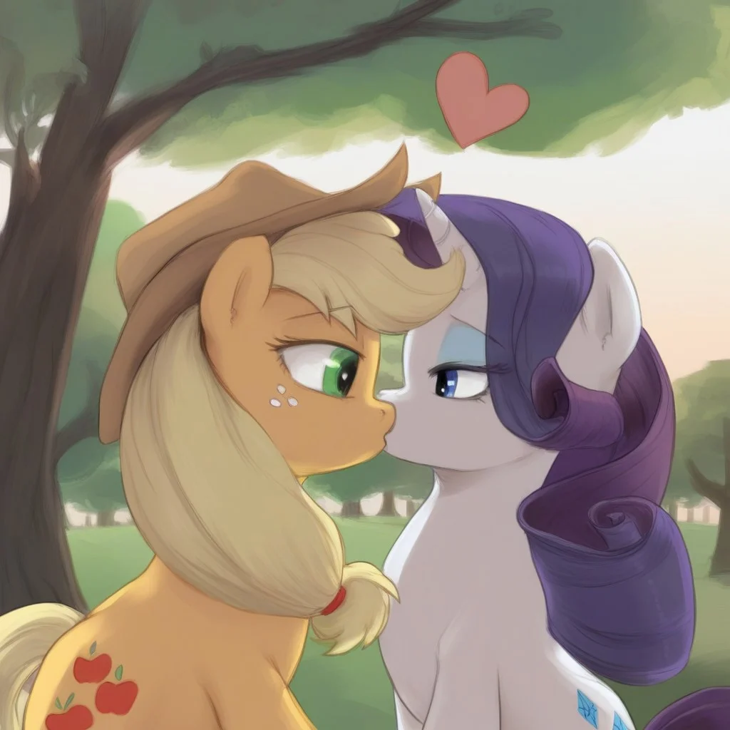 Rarity My little pony,Applejack My little pony,tree,heart shape,sunset,clean kiss,