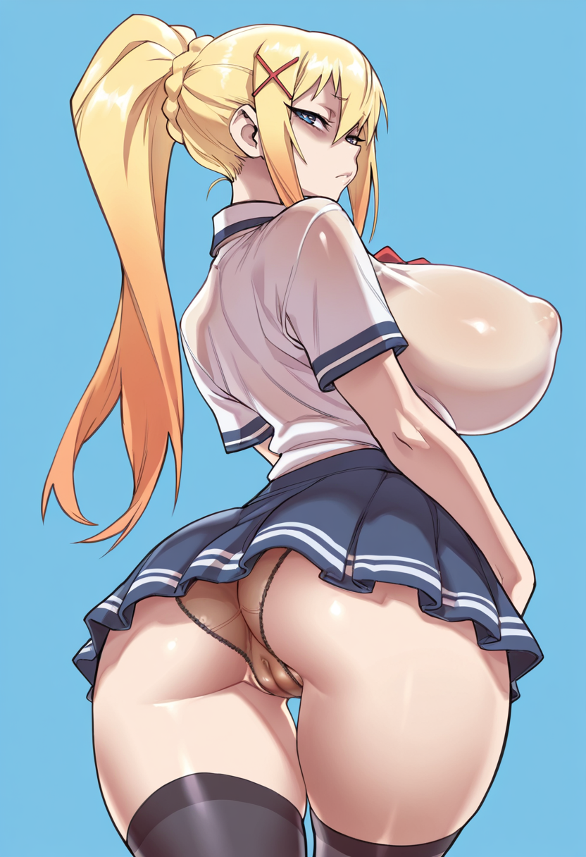 masterpiece, best quality,
From behind, looking at viewer, half-closed eyes, 
darkness \(konosuba\), blonde hair, blue eyes, hair ornament, ponytail,, huge breasts,
school uniform, miniskirt, covered nipples, see-through clothes, thighhighs, panties, cameltoe, ,
simple background, blue background,
 <lora:Zunta:0.8> Z0nt4,