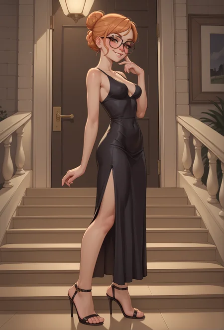 masterpiece, best quality,
score_9, score_8_up, score_7_up, score_6_up,
from side,
standing, seductive pose, ,
feet, toes,
heels, black footwear,
blushing, looking at viewer, teasing, flirting, smug,
cute face, perfect face, (freckles:1.2),
medium breasts,
narrow waist, slender, skinny, petite,
slit dress, black dress,
light orange hair, hair bun, brown eyes, smart eyewear,
standing on stairs, exterior, georgian architecture, open door looking into a dimly lit apartment, dark theme, night, warm lighting,