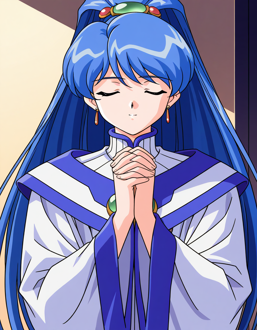 general,highres, game cg, ultra-detailed,very aesthetic,best quality ,best hands,  BREAK   <lora:Sakuya_Lansaihe_IS:1>Sakuya_Lansaihe, very blue hair, long hair, blue eyes, high ponytail, long sleeves, green jewelry, robe, white dress,
1girl, solo, closed eyes, own hands together, long hair, own hands clasped, blue hair, jewelry, uniform, earrings, ponytail, long sleeves,