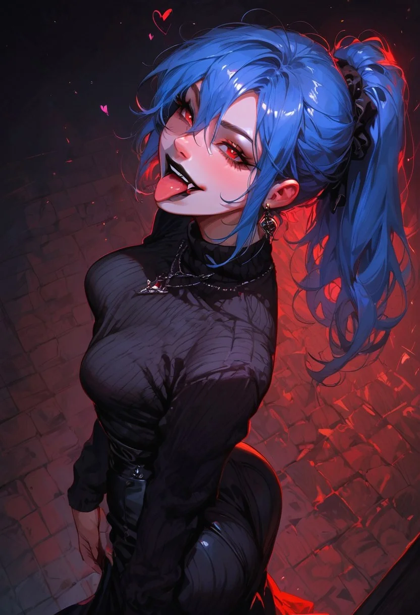 score_9, score_8_up, score_8_up, raw, photo, source_anime, 2.5D, rating-explicit, Goth girl, high detail, detailed face, Expressiveh,1girl, blue hair, anime bangs, hair between eyes, ponytail, red eyes, detailed eyes, girl, big ass, huge thighs, wide hips, perfectly round breasts, medium breasts, petite body, skinny, wide hips, makeup. light skin, tiny breasts, narrow waist, wide hips, bubble butt, black lipstick, short girl, wide hips, Expressiveh, gigantic thighs, huge thighs,
black sweater, wide skirt, fishnets, thigh highs, slender, goth clothes, night, dark, dark sky, dynamic angle, long skirt, high angle view, looking up at viewer, side profile, walking away, happy, fangs, seductive, tongue out, heart, winking