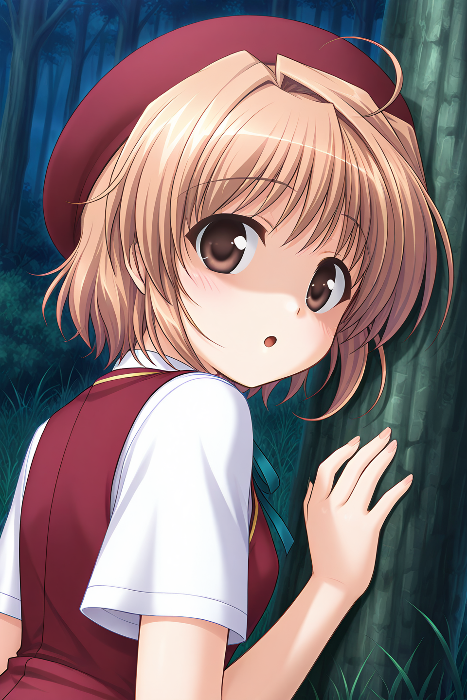 masterpiece, best quality, absurdres, official art, official style, rating general BREAK <lora:yuukikanade_IL_v1-1:0.7>, yuuki kanade, 1girl, solo, brown eyes, ahoge, light brown hair, short hair, hair intakes, small breasts,
beret, red headwear, school uniform, summer uniform, red vest, white shirt, short sleeves, blush, nature, looking back, forest, against tree, looking at viewer, open mouth, night, outdoors, :o, dutch angle, upper body, grass, from behind, close-up, fingernails, shaded face, disappointed