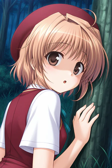 masterpiece, best quality, absurdres, official art, official style, rating general BREAK <lora:yuukikanade_IL_v1-1:0.7>, yuuki kanade, 1girl, solo, brown eyes, ahoge, light brown hair, short hair, hair intakes, small breasts,
beret, red headwear, school uniform, summer uniform, red vest, white shirt, short sleeves, blush, nature, looking back, forest, against tree, looking at viewer, open mouth, night, outdoors, :o, dutch angle, upper body, grass, from behind, close-up, fingernails, shaded face, disappointed
