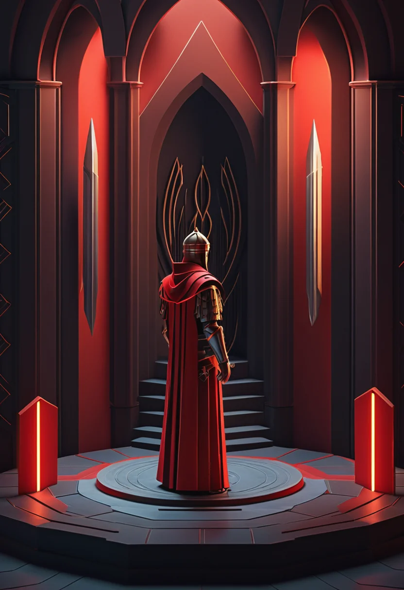 (masterpiece), (best quality), red colored Steadfast Cathar in Axonometric Art style, low-key lighting, lo-fi, glow, dynamic cinematic lighting, ray_tracing, global illumination, masterful composition, dynamic movement