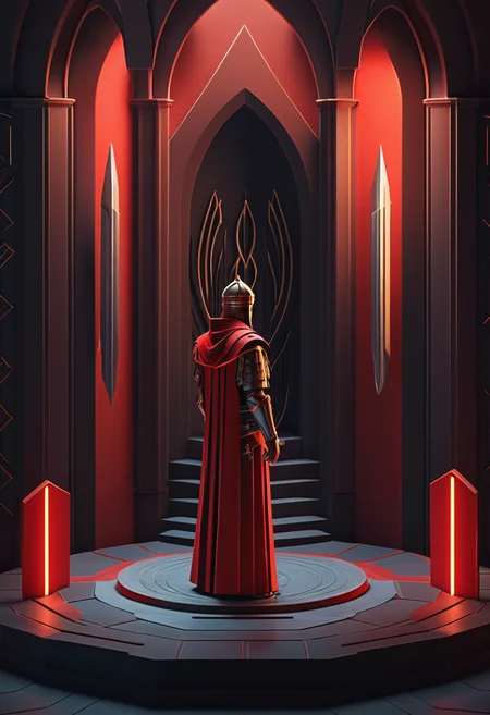 (masterpiece), (best quality), red colored Steadfast Cathar in Axonometric Art style, low-key lighting, lo-fi, glow, dynamic cinematic lighting, ray_tracing, global illumination, masterful composition, dynamic movement