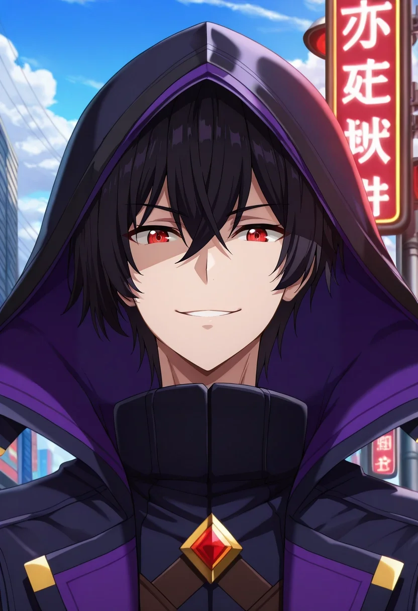 masterpiece, best quality, , anime screencap, , , looking at viewer, 1boy, solo, male focus, <lora:cid_kagenou_ilxl:1>, cid_kagenou, black hair, short hair, hair between eyes, bangs, red eyes, cloak, hood, hood up, close-up, hong kong \(city\), traffic signals, street lights, neon signs, day, clouds, villain pose, naughty smile, swashbuckler costume