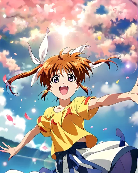 <lora:pony_xl_nanoha:0.8>,nanoha,score_9,score_8_up,score_7_up,source_anime,1girl,solo,looking at viewer,nature,in a meadow,blue sky,short sleeve T-shirts,jump high,aerial,laughing,chest-warp,raise one hand,outstretched_arms,lens_flare,bokeh,