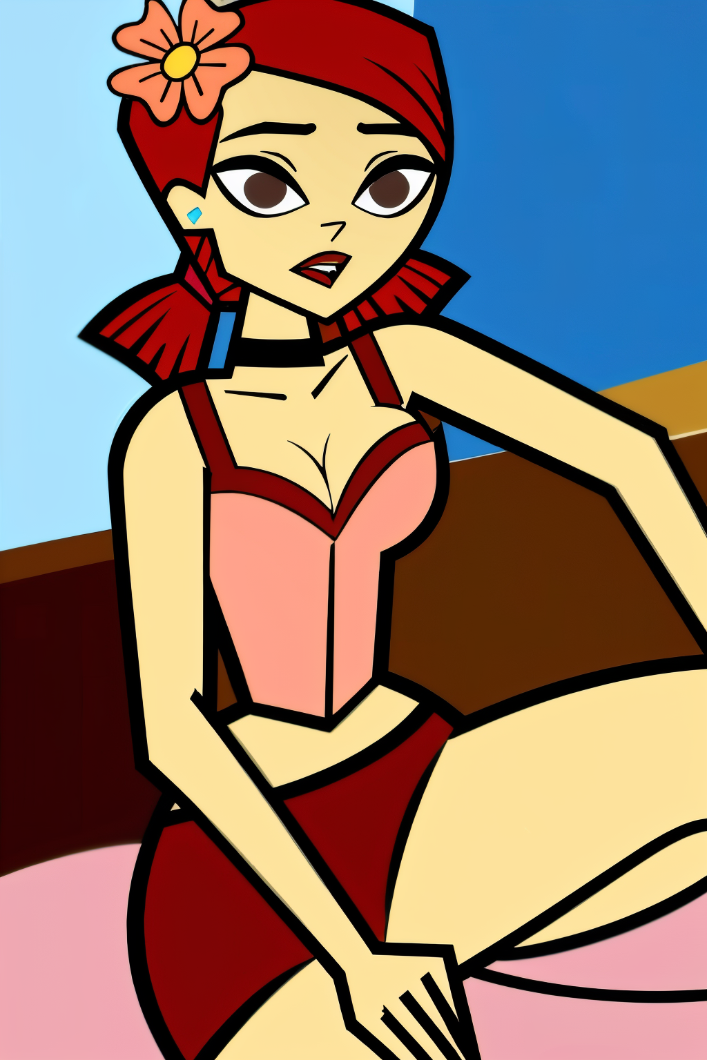 in the Bedroom, (Realistic:1.5) 1girl, solo, open mouth, cleavage, medium breasts, full body, red hair, hair flower, black choker, brown eyes, Floral skirt with a white blouse <lora:EdobZoeyTotalDrama_v1.0:0.8>