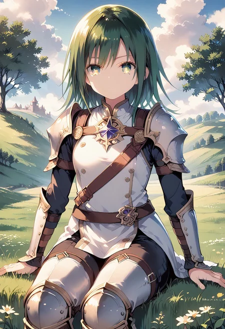score_9, score_8_up, score_7_up, 1girl,FujisakaLP,high definition eyes, (masterpiece), (best quality), (ultra detailed),(disheveled hair),(illustration), (best shadow), detail1eye, sakuya, magicpunk style, incredibly absurdres, concept art, best quality, perfect lighting, illustration, vanishing point, sitting, looking at viewer, mature male character, 1boy, (no mouth:1.3), male focus, masculine, green hair, Dyed Bangs, sparkling eyes, wearing (fantasy style crotch plate and shin guards:1.1), field of wheat, finely detailed background, amazing background