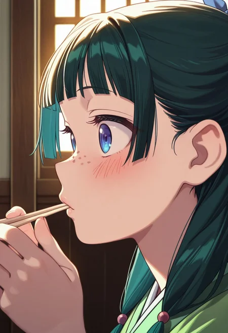 (masterpiece, best quality), amazing quality, colorful, ultra detailed background, highly detailed, fine details, ambient light, dynamic light, soft light, 
1girl, solo, maomao, green kimono, freckles, blue ribbon, long skirt, perfect fingers, perfect hands, glossy hair, glossy lips, beautiful face, beautiful eyes, holding chopsticks, chopsticks in mouth, eating, chewing, (blush:1.4), cute, surprised, 
east asian architecture, window, close to face, (close up:2), (face focus), portrait