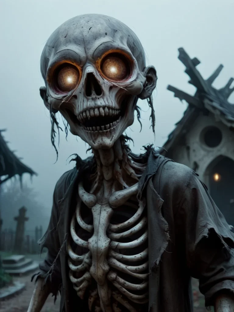scarecrow zkeleton, flesh on bones, blood on bones, smelly and rotten body, skeleton, bones, solo, 1boy, upper body, outdoors, teeth, no humans, mask, glowing, glowing eyes, 1other, ribs, skeleton, bone, horror (theme), in the graveyard, with fog, at night, moon, moonlight <lora:zkeleton-sdxl:1>