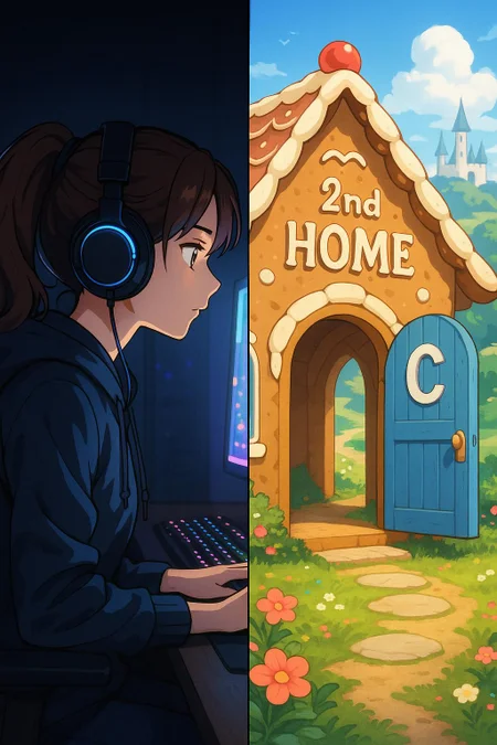 please generate a split image in anime style in masterpiece quality. The left side shows a woman with ponytail and brown hair, wearing a headset, sitting in the dark in front of a PC screen, the neon light from the PC illuminating her face. The right side of the split image shows a fairytale landscape with a gingerbread house, with a blue door, on the door it says "2nd HOME" and in white letters a giant "C". the door is open invitingly