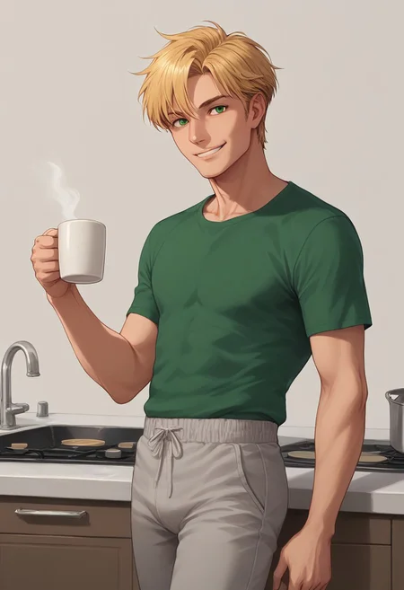 score_9, score_8_up, score_7_up, score_6_up, Aleshenka, t0nym0r3, <lora:ra1nfall:1>, masterpiece, best quality, BREAK 1boy, mature, solo, sexy, green eyes, green t-shirt, gray sweatpants, blonde hair, short hair, handsome, tall, smile, upper body, cowboy shot, standing, holding mug, drinking, side view, looking at viewer, simple background, kitchen