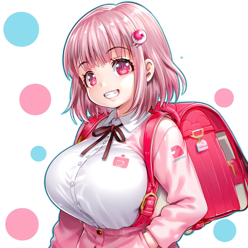 1girl, nanami chiaki, huge breast, backpack, bag, breasts, facing viewer, flipped hair, grin, hair ornament, jacket, long sleeves, medium hair, neck ribbon, pink eyes, ribbon, shirt, smile, solo, white shirt,