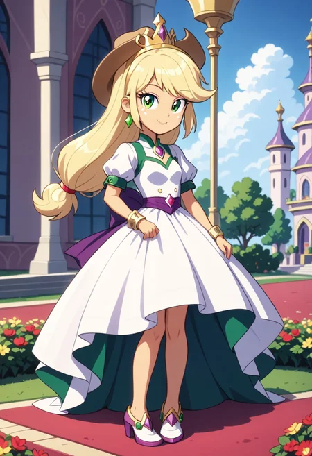 score_9, score_8_up, score_7_up, score_6_up, from My Little Pony Equestria Girls, a very young little human girl Applejack wearing a fit blue|sky|green|brown|darkpurple|red|yellow gradients colors short princess dress, elegant detailed princess shoes, solo, 1girl, little princess girl, gradient golden blond hair with crown hairband, smile, childhood, looking at viewer, glow detailed eyes, garden of canterlot, tul, chiffon, laces, semi realistic cartoon, unreal engine 5, full body close-up, absurdres, digital art, soft light, perfect hands, perfect, hands, perfection, soft orange skin, green eyes, apples accesories and shoes, jewelery, tres chic,<lora:age_slider_v4:-4>,