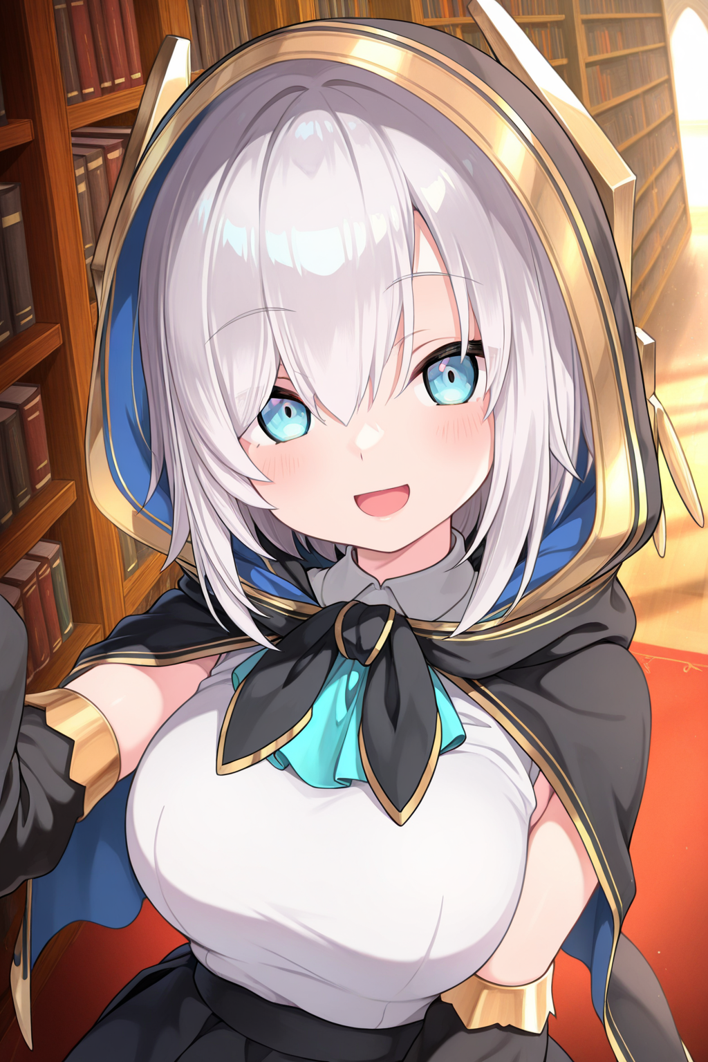 1girl, ArsAlmalNijisanji, 
general, solo, dynamic angle, from above, upper body,
short hair, grey hair, blue eyes,
hooded cape, shirts, large breasts,
detached sleeves,
black sleeves, 
black skirt,
\:D, looking at viewer,
library, fantasy,
<lora:kp_ArsAlmalNijisanji1stCostumeIllustrious_v1_0:1.0>,
masterpiece, best quality, amazing quality