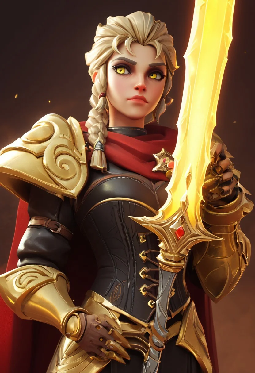 score_9, score_8_up, score_7_up, score_6_up, score_5_up, score_4_up,
paladin lady holding glowing sword, blonde hair, braid, ornate golden armor, ornate pauldrons, black corset, glowing yellow eyes, red cape, upper body, face focus
