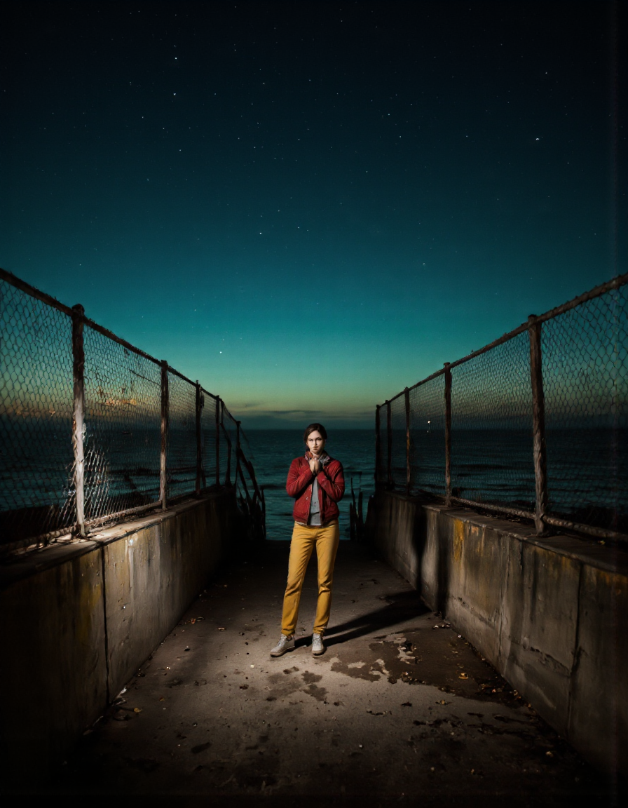 By Ibai Acevedo. A photo-realistic shoot from the side about a lone figure stands in a dimly lit concrete walkway between two chain-link fences, under a starry night sky. the image also shows the vast expanse of the ocean in the background. on the middle of the image, a young woman, who appears to be in her early twenties, stands with her hands clasped in front of her face, looking directly at the camera with a contemplative expression. she is wearing a red jacket and yellow pants, and her hair is styled in a short, neat manner. her eyes are not visible, but her body is positioned in a way that creates a sense of depth and perspective. the lighting is dramatic, with the blue and green hues of the night sky contrasting with the dark concrete walls of the walkway. the overall mood is somber and contemplative, as if the woman is lost in thought.