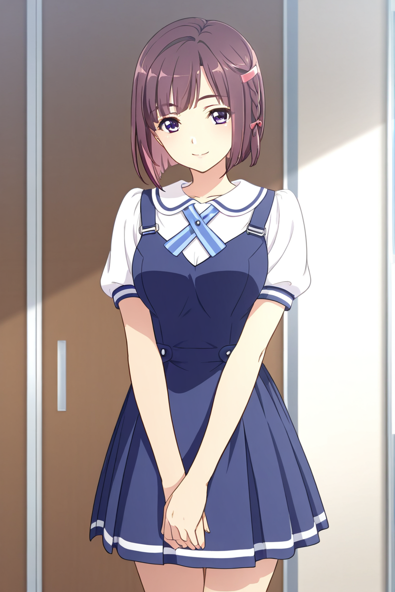 in park, (kimura manatsu, short hair, skirt, brown hair, shirt, single side braid hair, pink hair clip on right side,  single braid on right side, bob-cut, standing  school uniform, standing, purple eyes, white shirt, short sleeves, (blue pinafore dress), puffy sleeves, indoors,  cowboy shot) 1girl, best quality, cowboy shot, seductive smile, Overall Detail, (slim, looking at viewer, young-adult), large breast, Fix hand <lora:Kimura_Manatsu_ATSK_illus:1>