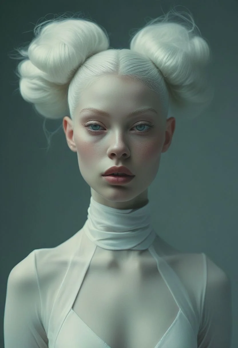 symmetrical front view, medium shot, dark photo, a evocative medium shot of a beautiful albino woman, beautiful makeup, ballet dancer bun hairstyle, futuristic white fit clothes