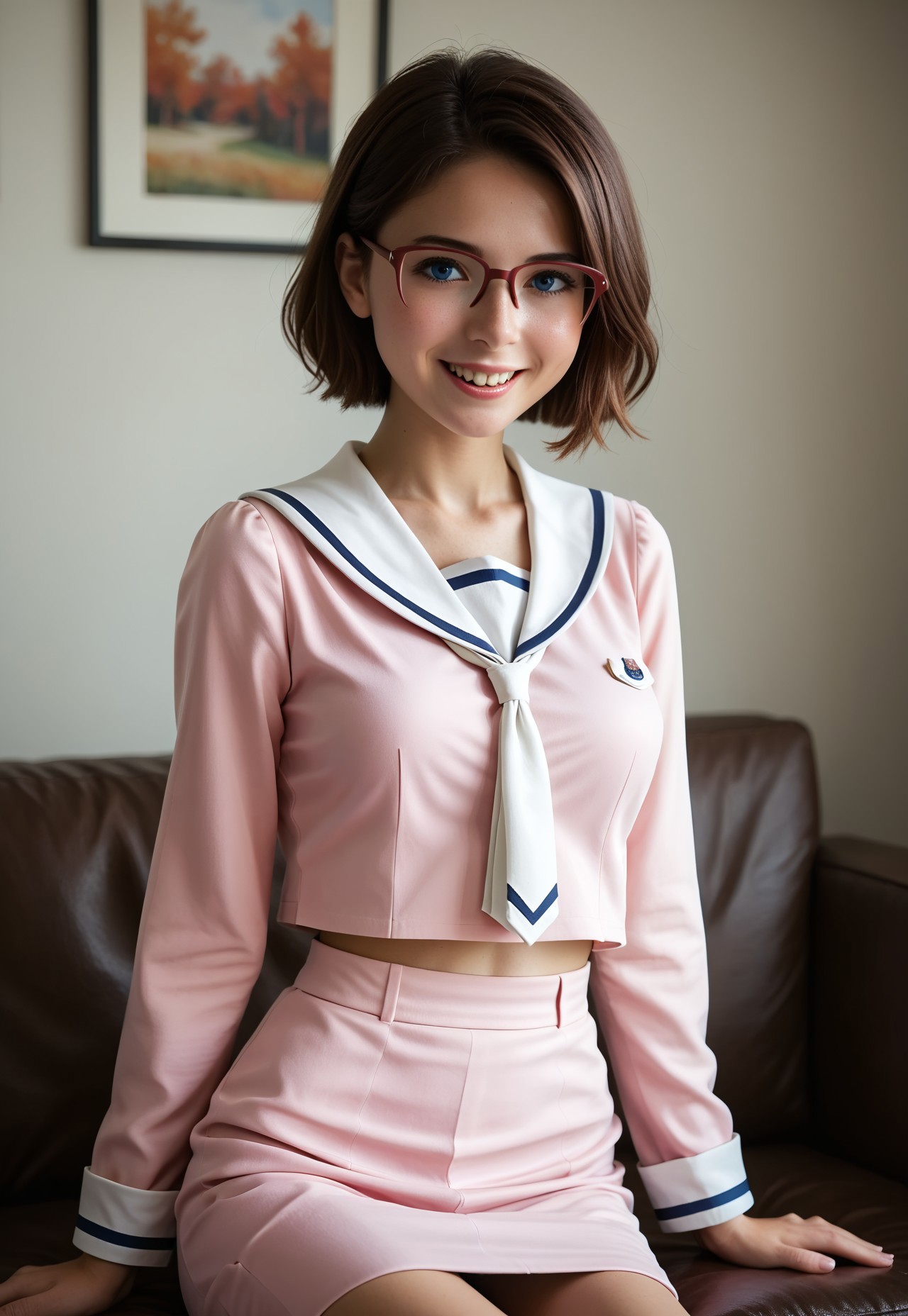 safe_pos, score_9,score_8_up,score_7_up,best quality, 4k, rating_safe, very aesthetic, 1girl, kousaka chinaBB, short hair, pink dress, pink skirt, long sleeves, white sailor collar, seductive smile, on sofa, solo focus, abdomen, peeping, realistic, photorealistic, photograph, photography, cinematic, highly detailed, y0uthful, stvmccrr style, Freckles