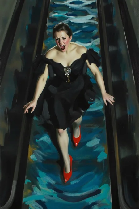 anderszorn1 painting.
a woman in a chic little black dress and vibrant red high heels, gracefully descending an escalator. She wears black lipstick and is screaming. Her attire exudes elegance and sophistication, with the red heels providing a bold pop of color against the classic black dress. The escalator itself, typically found in a mall or airport, leads downwards into an unexpected and dreamlike destination -- pool of rippling water. The water is blue and ripples as the escalator's steps disappear beneath the surface. The woman's posture is poised and confident, as she seems unperturbed by the unusual surroundings. The overall atmosphere is a blend of high fashion and surreal fantasy, capturing a moment that is both elegant and otherworldly, <lora:anderszorn2_cap_d6a3:1.0><lora:836632493940611121:0>