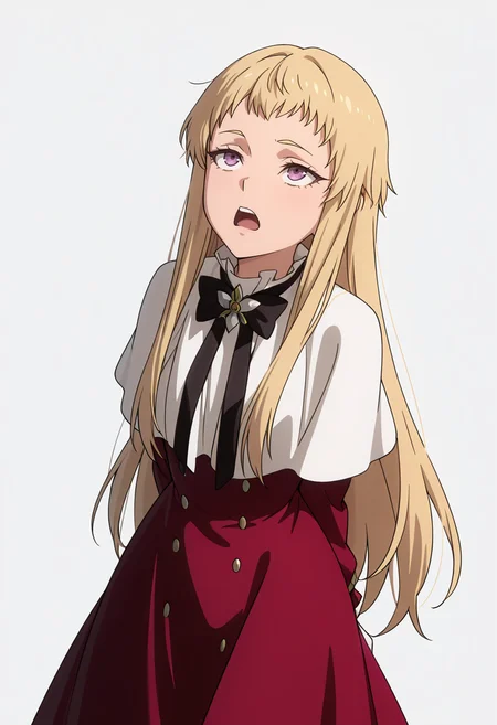 Smooth Quality,masterpiece,very intricate, high quality details, ultra realistic, high detailed skin,detailed enviorement,absurdres,
simple background, white background,
standing, arms behind back, looking up, calm expression, relaxed posture,  ,dutch angle,screaming,solo,
 <lora:Mariabell_Rosso_cnn:0.8> maricnn,1girl, long hair, blonde hair, purple eyes, frown, very long hair,red dress, long sleeves,white capelet,black bowtie,white gloves,