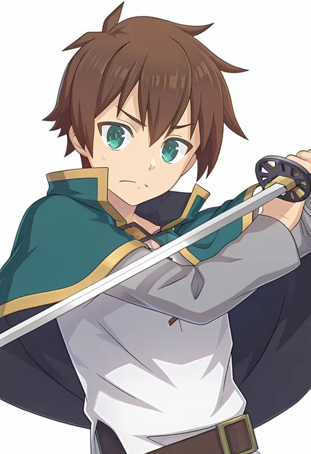masterpiece,best quality,amazing quality, Kazuma-Liver020, white shirt, brown hair, short hair, green eyes, green capelet, grey sleeves, brown belt, upper body, konofan, 1 man, solo, Satou Kazuma, Kazuma Satou, simple background, white background, looking at viewer, holding sword, katana, dynamic pose