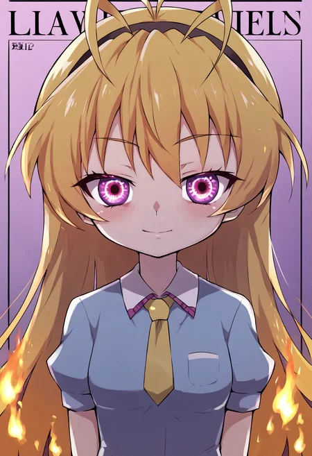 score_9, score_7_up, source_anime, uncensored, flat color, vector trace, <lora:StS_PonyXL_Detail_Slider_v1.4_iteration_3:3>, storage room, (fire:1.1), symbolic, chibi inset, upper body, back focus, magazine cover,
1girl, solo, li, small breasts, alternate hair color, quad tails, sidelocks, antenna hair, very long hair, looking at viewer, suit, legs apart, squinting,
<lora:Higurashi_Looper_Eyes_v1.1:1> looper eyes, purple eyes, glowing eyes, symbol-shaped pupils, eye reflection, <lora:huke_XL:1.2>