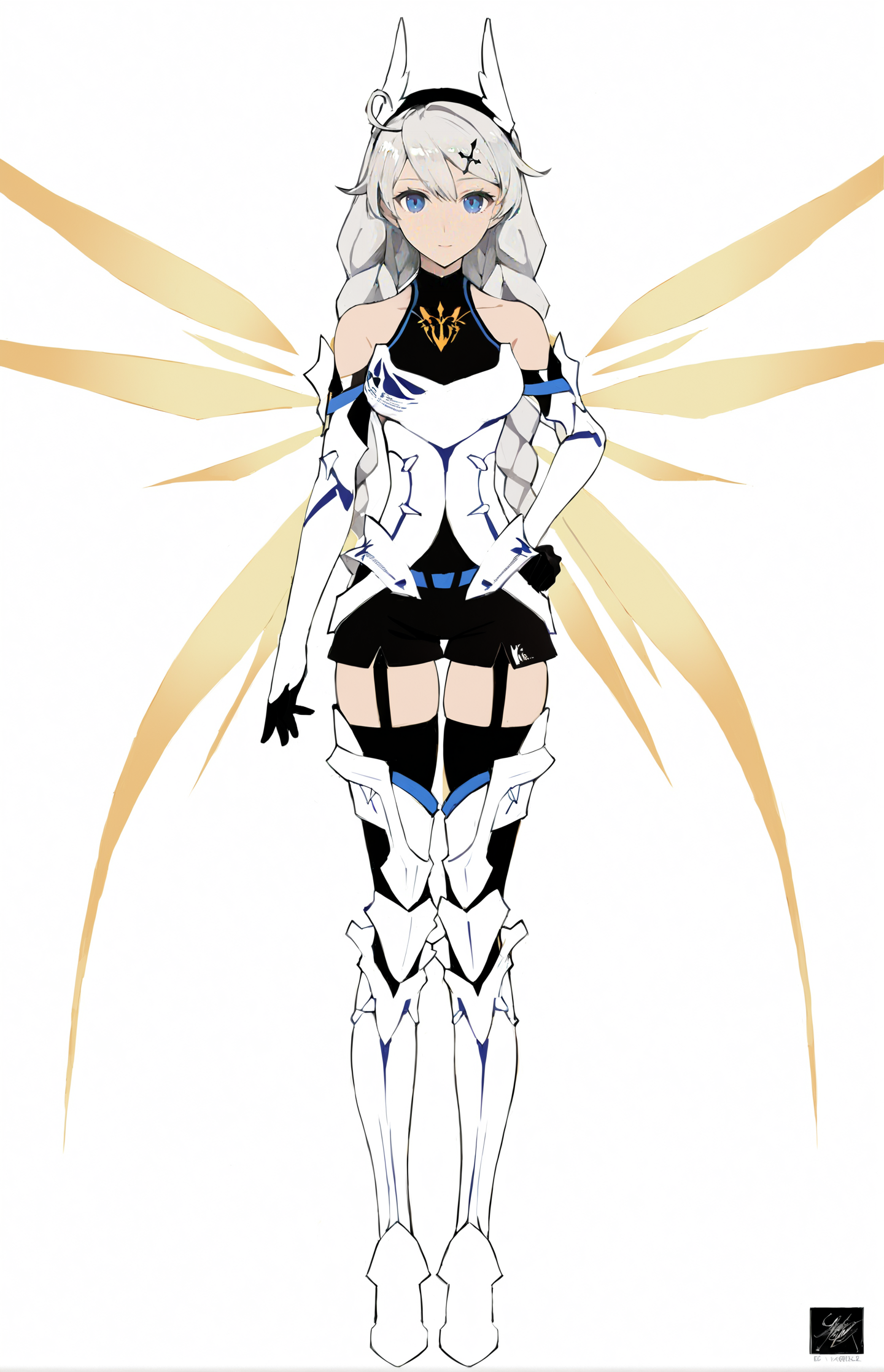 8k, best quality, masterpiece, (ultra-detailed:1.1), (high detailed skin), 
(full body), white background, standing, looking at viewer, (solo), hand on hip, 
<lora:kiana-young-A3-Tanger-000011:0.7>,kiana kaslana, yueguang, 3rd clothes, 1girl, blue eyes, long hair, braid, thighhighs, boots, bangs, hair ornament, bare shoulders, twin braids, energy wings, elbow gloves,
(beautiful_face), ((intricate_detail)), clear face, 
((finely_detailed)), fine_fabric_emphasis, 
((glossy)), full_shot,