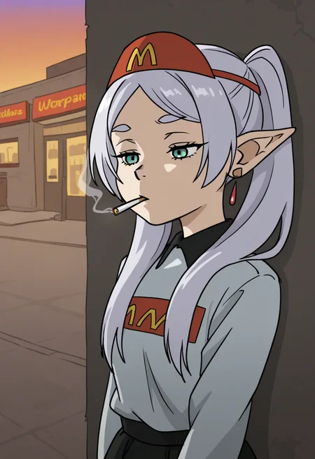 b4tm3t41style, masterpiece, best quality, solo, frieren, sousou no frieren, twintails, green eyes, mcdonalds attire cap, cigarette in mouth, depressed, eyes half closed, against a wall, sunset sky, outside, mcdonalds background,