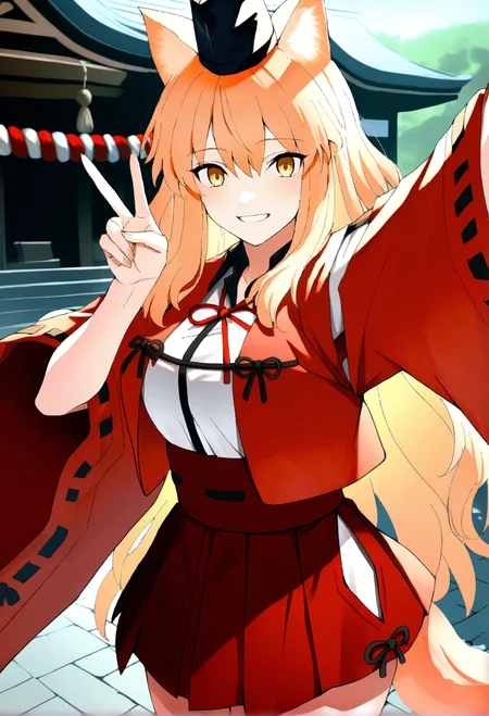 masterpiece, best quality, 1girl, solo, szkg0z3n2, light orange hair, animal ears, long hair, yellow eyes, white shirt, red ribbon, neck ribbon, short sleeves, collared shirt, tate eboshi, black hat, red haori, wide sleeves, black ribbon-trimmed sleeves, red hakama short skirt, black ribbon-trimmed hakama, tail, outdoors, shrine temple, selfie, v, happy