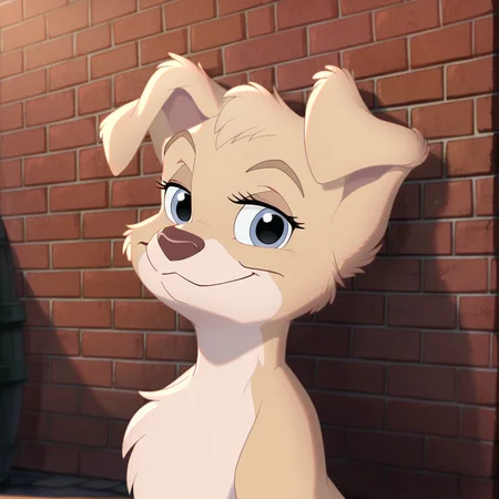 score_9, score_8_up, score_7_up, score_6_up, score_5_up, score_4_up, <lora:Angelladyandthetramp:1>, angellat, solo, looking at viewer, smile, animal ears, closed mouth, upper body, no humans, furry, wall, brick wall, dog, yellow fur, body fur, blue eyes