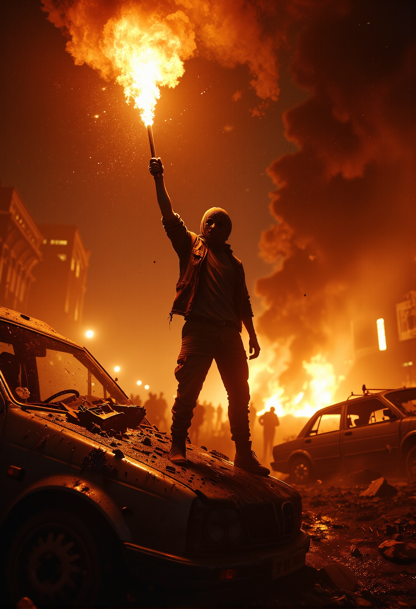 A powerful low-angle shot captures a masked man standing triumphantly atop an overturned car, his stance wide and unyielding. He holds a burning orange flare aloft, stretching it high into the night sky like a symbol of defiance and victory. The flareâs intense glow bathes his figure and the chaotic scene below in fiery orange light. Behind him, the uprising rages onâprotesters flood the streets, cars and dumpsters burn fiercely, and smoke billows into the night. The scene radiates raw energy and determination, with shattered debris reflecting the fiery light, amplifying the sense of rebellion. <lora:Dever_Flux_Enhancer.safetensors:0.5>, <lora:- Flux1 - vanta_black_V2.0.safetensors:0.5>,   <lora:black_fantasy.safetensors:0.75>,  <lora:The_Dark_Side_Of_The_Future.safetensors:0.13>,