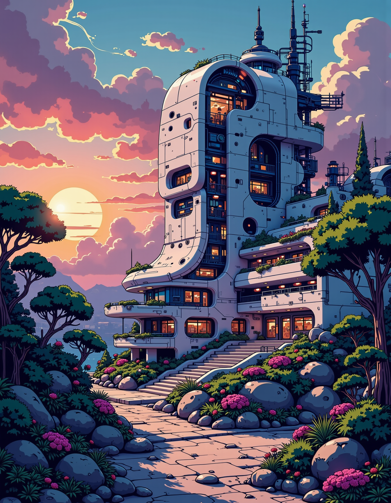 anime artwork exterior of utopian architecture building  by zaha hadid and renzo piano, darek zabrocki and greg ruthkowski, alphonse mucha, simon stalenhag, cinematic, paradise, scifi, futurism, atmospheric, sunset, concept art, artstation, trending on artstation, <lora:ck-nc-pastel-cyberpunk:1> A digital artwork in the style of cknc, . anime style, key visual, vibrant, studio anime,  highly detailed