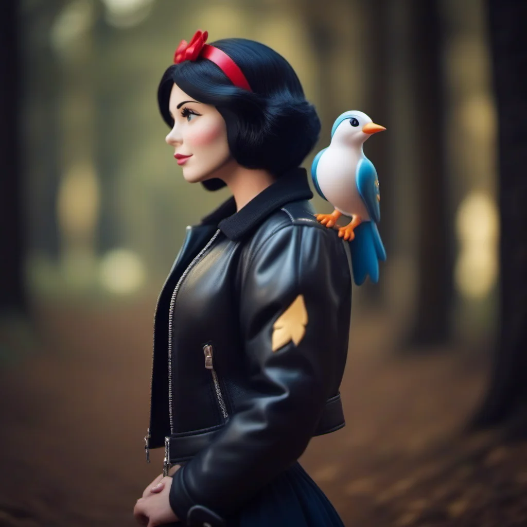 cinematic photo SnowWhite1024, a cartoon woman hold a bird wear a black leather perfecto jacket, forest <lora:SnowWhite1024:0.8> . 35mm photograph, film, bokeh, professional, 4k, highly detailed
