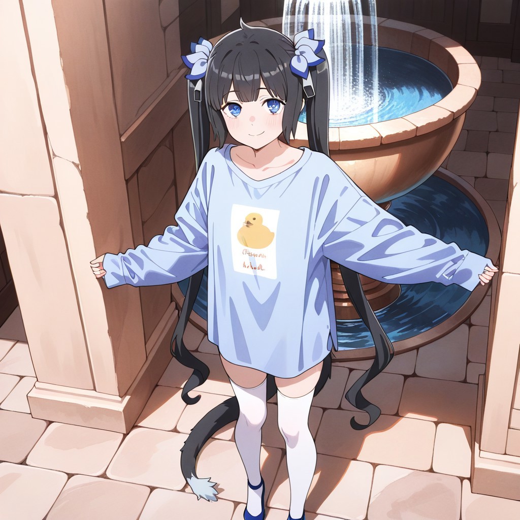 1girl, solo, hestia_ducklabz_lora, black hair, blue eyes, long hair, twin tails, blue ribbon, oversized shirt, button-up shirt, blue shirt, long sleeves, sleeves past wrists, shirt tail tucked in, loose shirt, white tie, white pencil skirt, high-waisted skirt, long skirt, white thighhighs, blue pumps, in front of a fountain on a medieval city street, shy smile, looking up at viewer