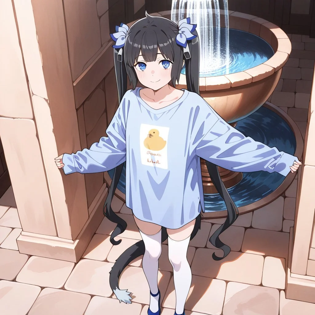 1girl, solo, hestia_ducklabz_lora, black hair, blue eyes, long hair, twin tails, blue ribbon, oversized shirt, button-up shirt, blue shirt, long sleeves, sleeves past wrists, shirt tail tucked in, loose shirt, white tie, white pencil skirt, high-waisted skirt, long skirt, white thighhighs, blue pumps, in front of a fountain on a medieval city street, shy smile, looking up at viewer