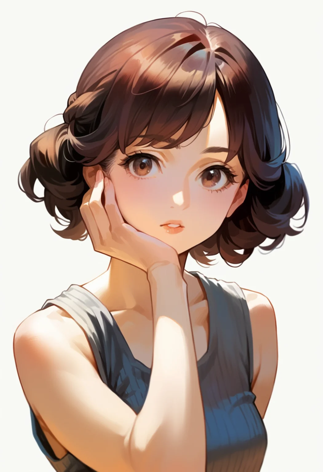 score_9,score_8_up,score_7_up,
<lora:vanillawareStyle:1>,
miyuki inaba,1girl,solo,brown hair,short hair,brown eyes,looking at viewer,parted lips,grey tank top,portrait,hand on forehead,white background,facing viewer,