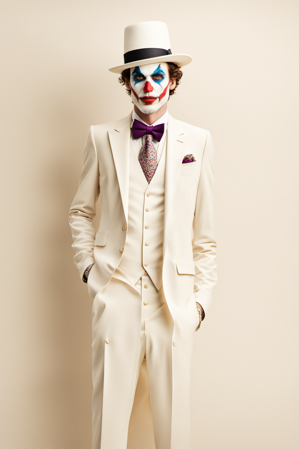 <lora:chahua:0.9>,ch,Minimalist fasion photo of a Joker in white suit and hat. White filigree background,